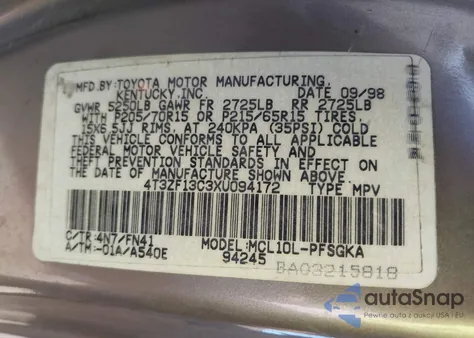 1999 Toyota Sienna Le z USA, uszkodzony, nr VIN 4T3ZF13C3XU094172